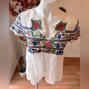 Anthropologie White Floral Embroidered Blouse